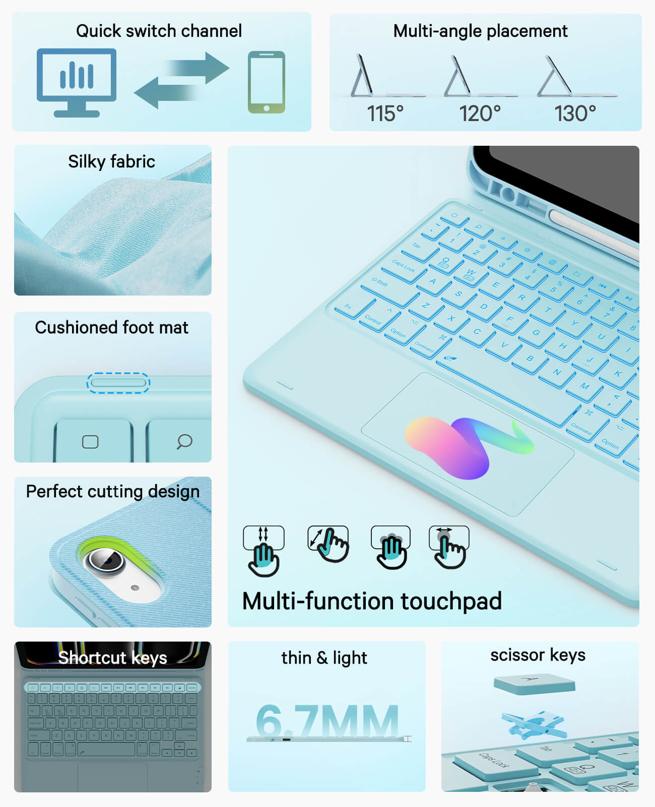 CHESONA Steps Touch Series Keyboard Case, 7 Backlit Keyboard, 2 Bluetooth Channels