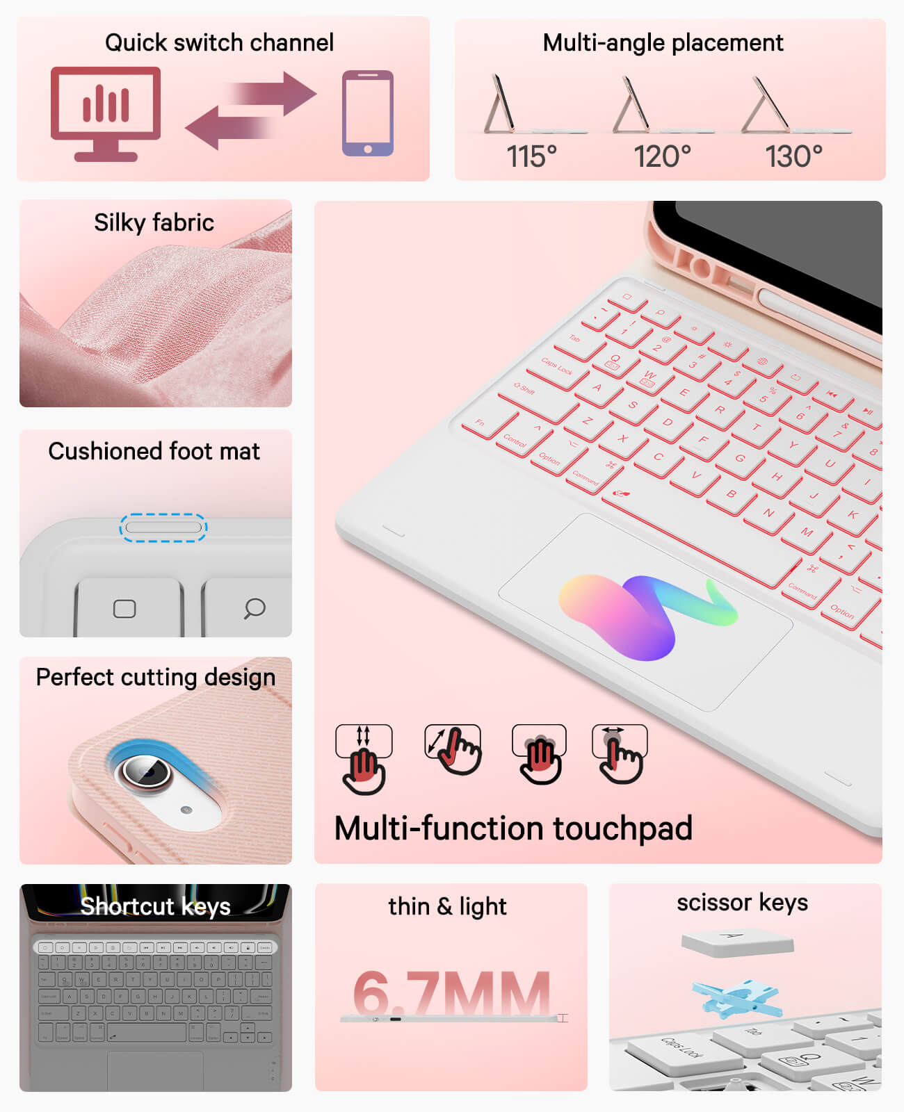 CHESONA Steps Touch Series Keyboard Case, 7 Backlit Keyboard, 2 Bluetooth Channels