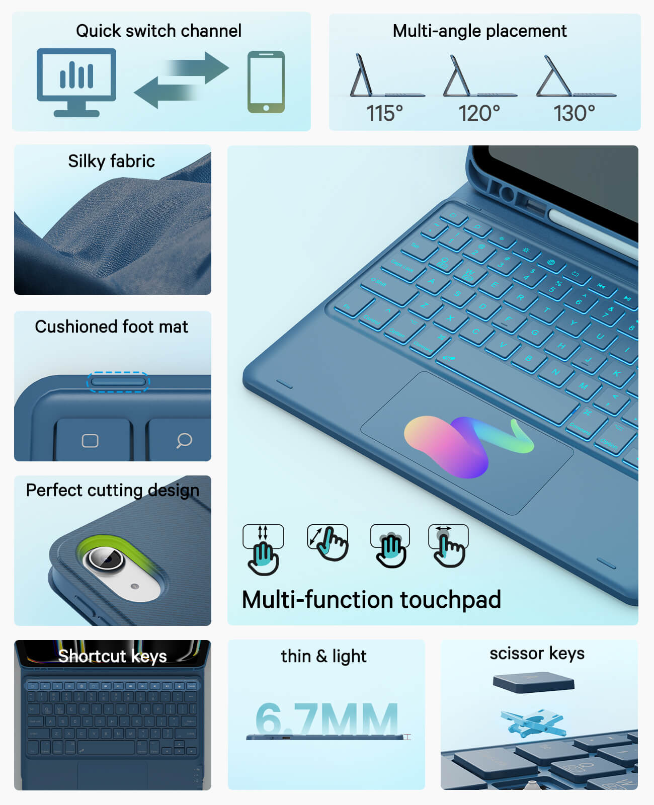 CHESONA Steps Touch Series Keyboard Case, 7 Backlit Keyboard, 2 Bluetooth Channels