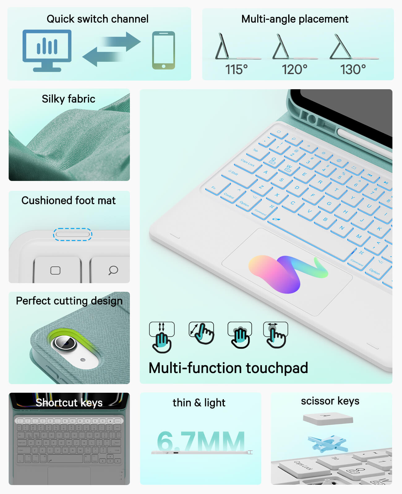 CHESONA Steps Touch Series Keyboard Case, 7 Backlit Keyboard, 2 Bluetooth Channels