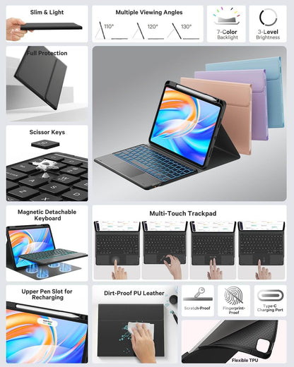 CHESONA Keyboard Case, Stain Resistant Cover, 7-Color Backlit, Smart Touchpad