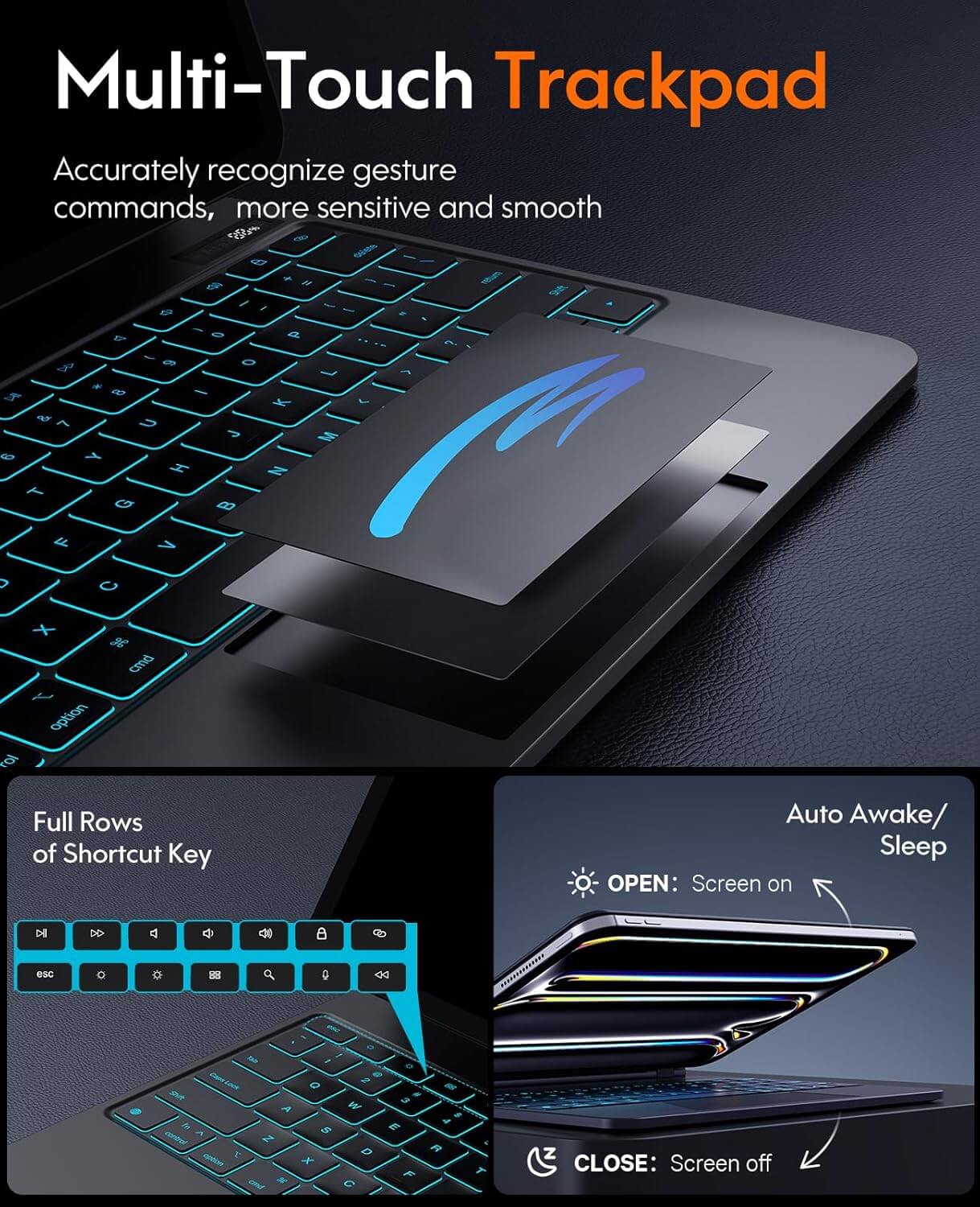 CHESONA Case with Keyboard, Easy-Set Floating Cantilever Stand, Smart Trackpad, 7 Color Backlit with Battery Digital Display