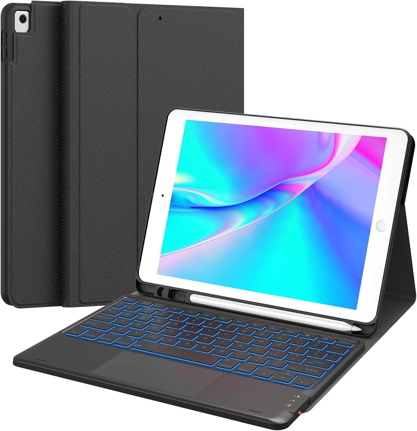 CHESONA Case with Keyboard, 7 Color Backlit, Multi-Touch Trackpad, Built-in Pencil Holder, 2 Bluetooth Channels, Flip Stand Keyboard Case