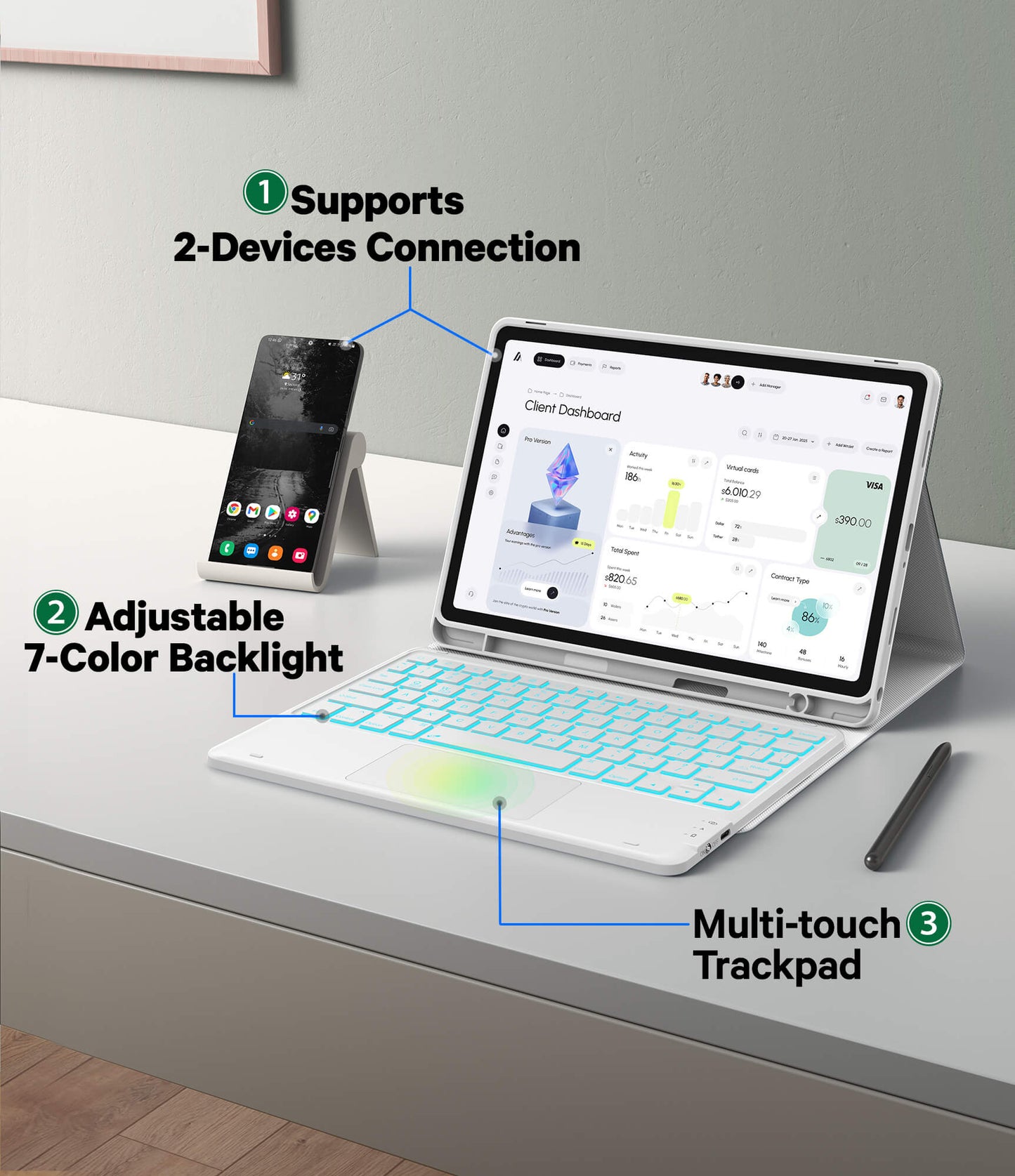 CHESONA Keyboard Case, 7 Color Backlit Trackpad Keyboard, Stain-Resistant Cover with S Pen Holder, Detachable Keyboard